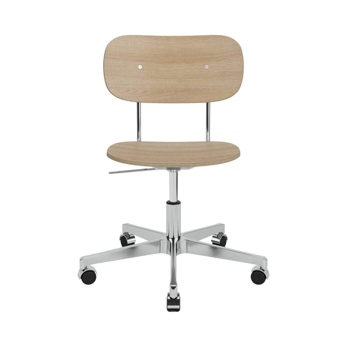 Front view of the non-upholstered Co Task Chair in natural oak on a polished aluminium swivel base with casters.
