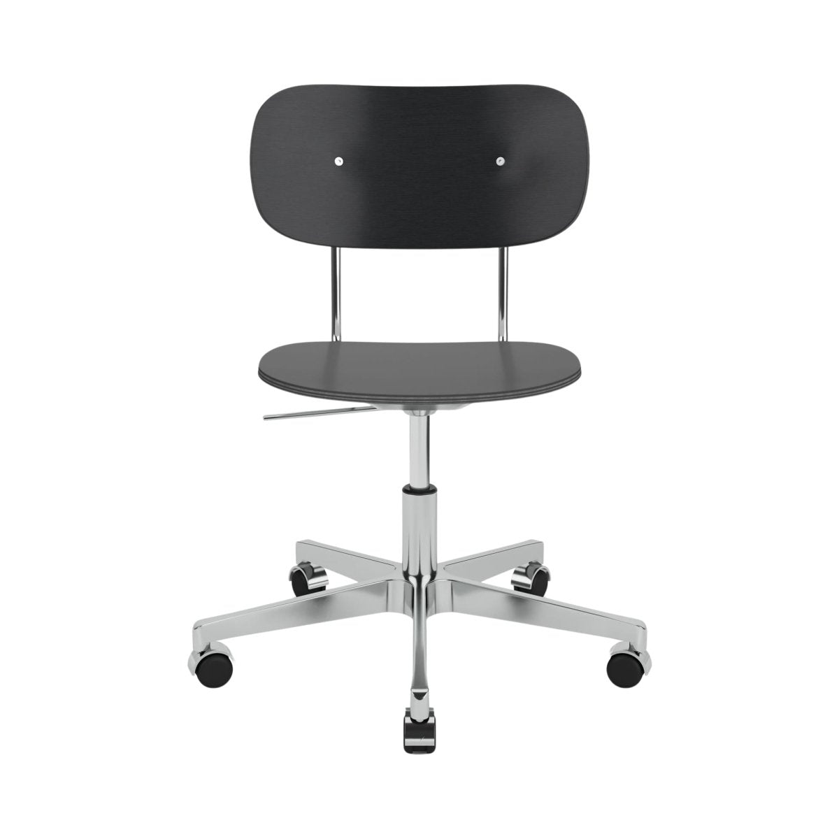Front view of the Co Task Chair, Non-Upholstered, with a black oak seat and backrest on a polished chrome swivel base.