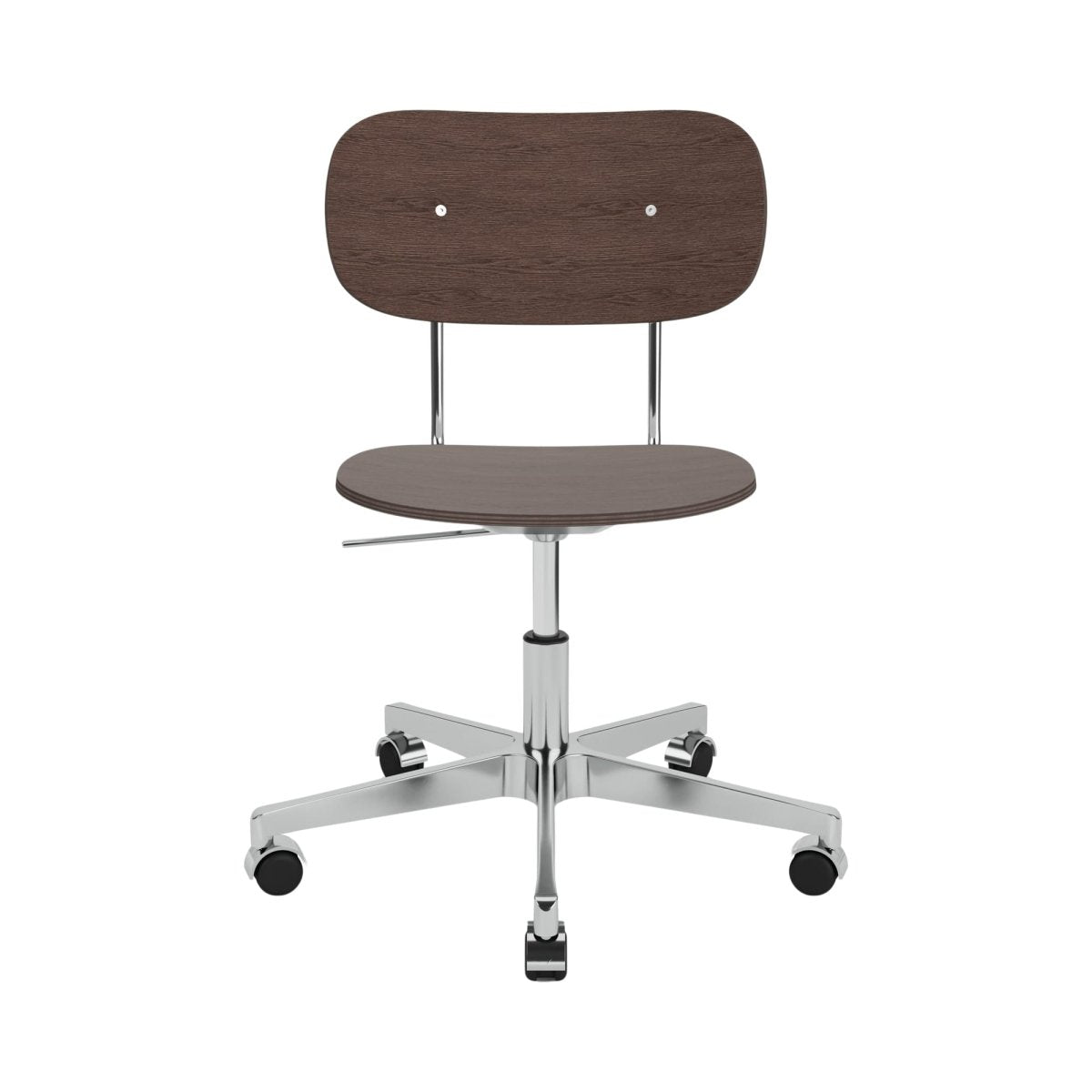 Co Task Chair, Non-Upholstered in dark stained oak with a polished aluminum swivel base and black casters.