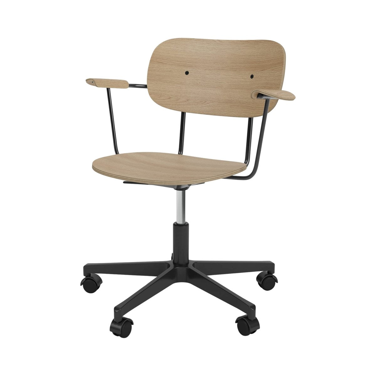 Natural oak Co Task Chair with black aluminum frame and armrests, set on a five-star swivel base with casters.