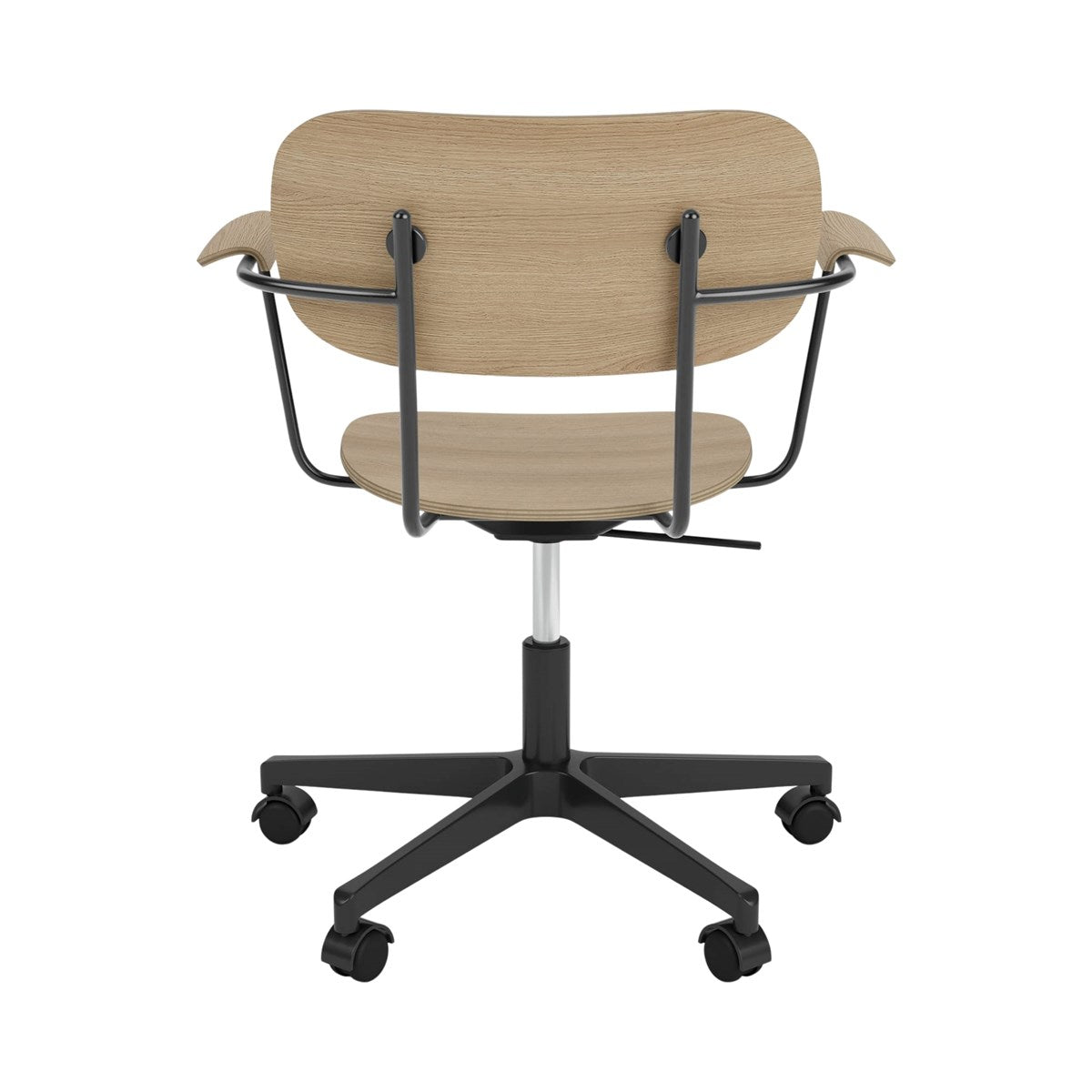 Back view of the Co Task Chair in natural oak with black aluminum armrests and a swivel base with casters.