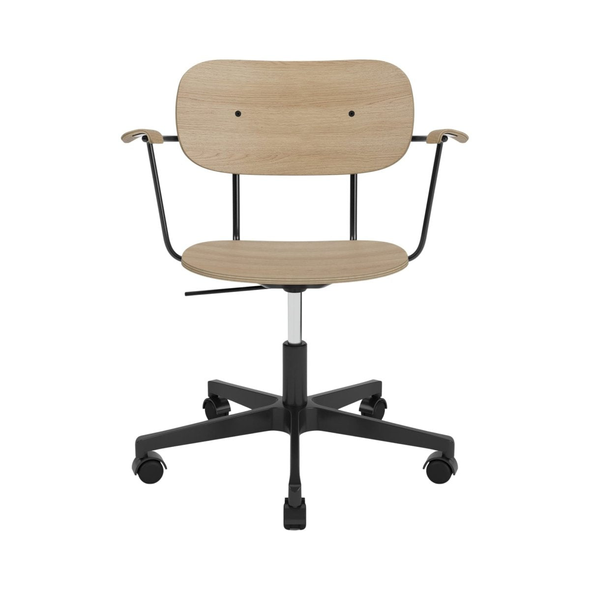 Co Task Chair, Non-Upholstered featuring natural oak veneer and armrests on a black five-star swivel base with casters.