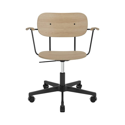 Co Task Chair, Non-Upholstered featuring natural oak veneer and armrests on a black five-star swivel base with casters.