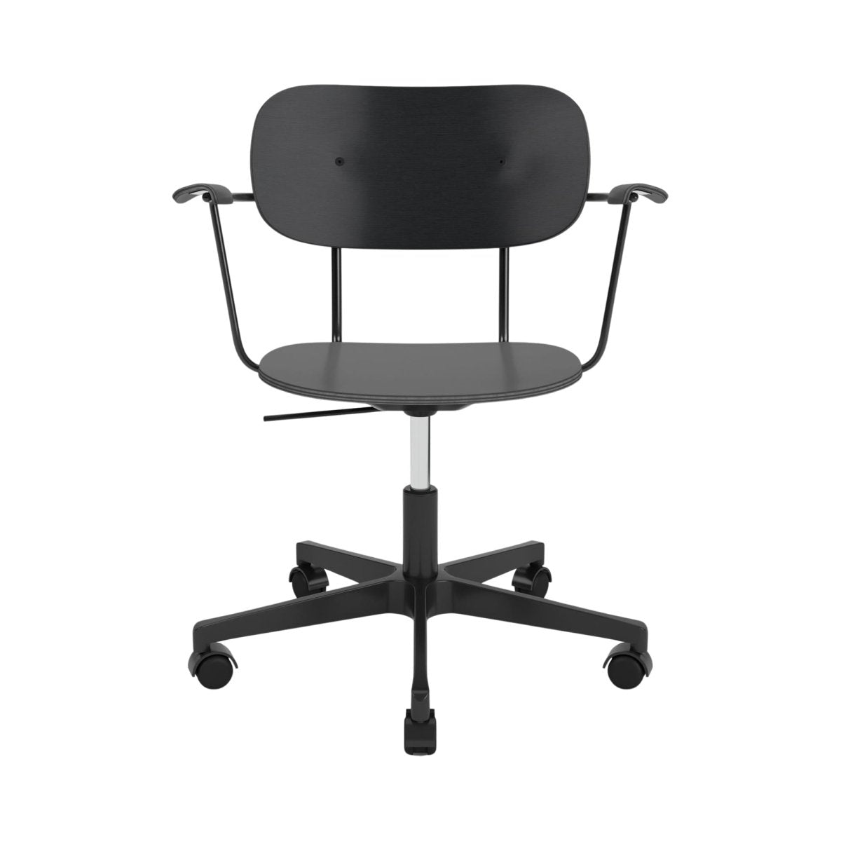 Front view of the Co Task Chair, Non-Upholstered, with black oak veneer and a black five-star swivel base with casters.