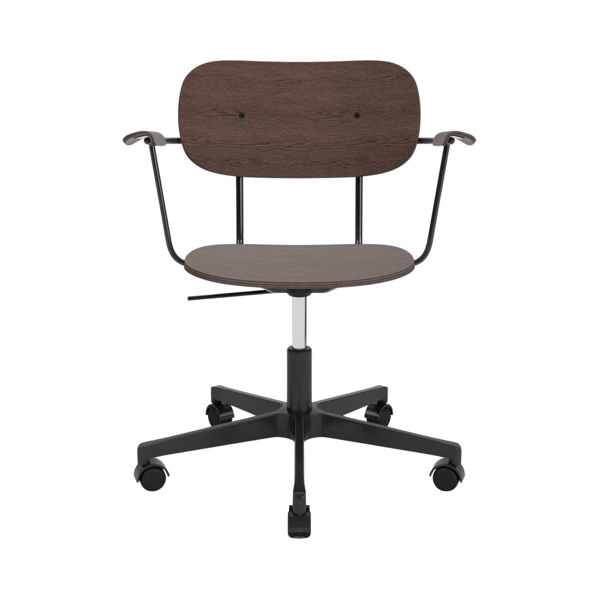 Front view of the Co Task Chair, Non-Upholstered, with dark stained oak veneer and a black five-star swivel base.