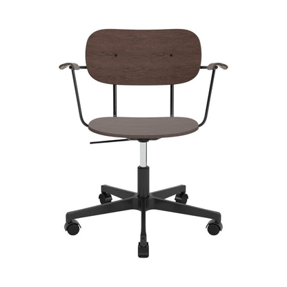 Front view of the Co Task Chair, Non-Upholstered, with dark stained oak veneer and a black five-star swivel base.