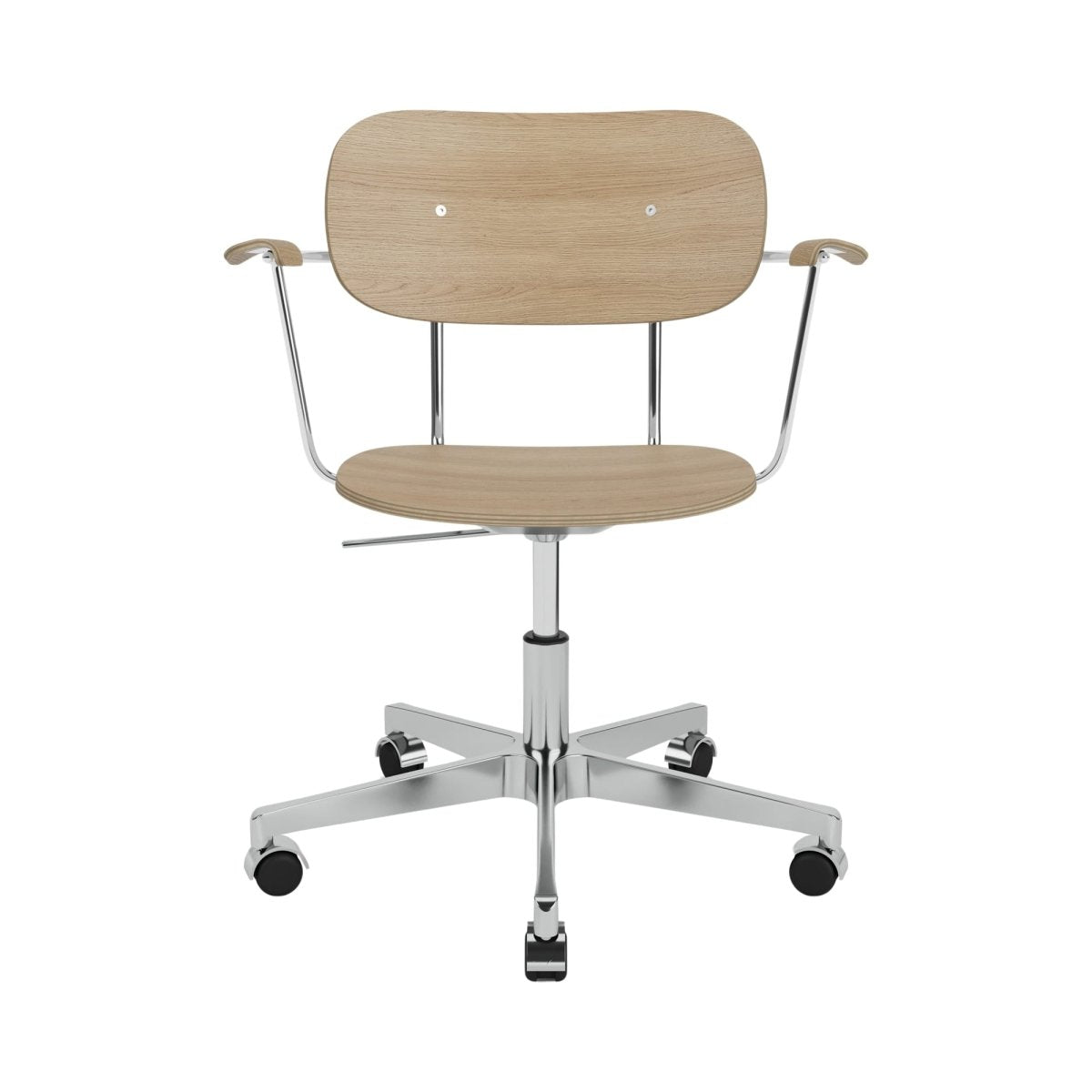 Front view of the Co Task Chair, Non-Upholstered in natural oak with a polished aluminum swivel base and casters.
