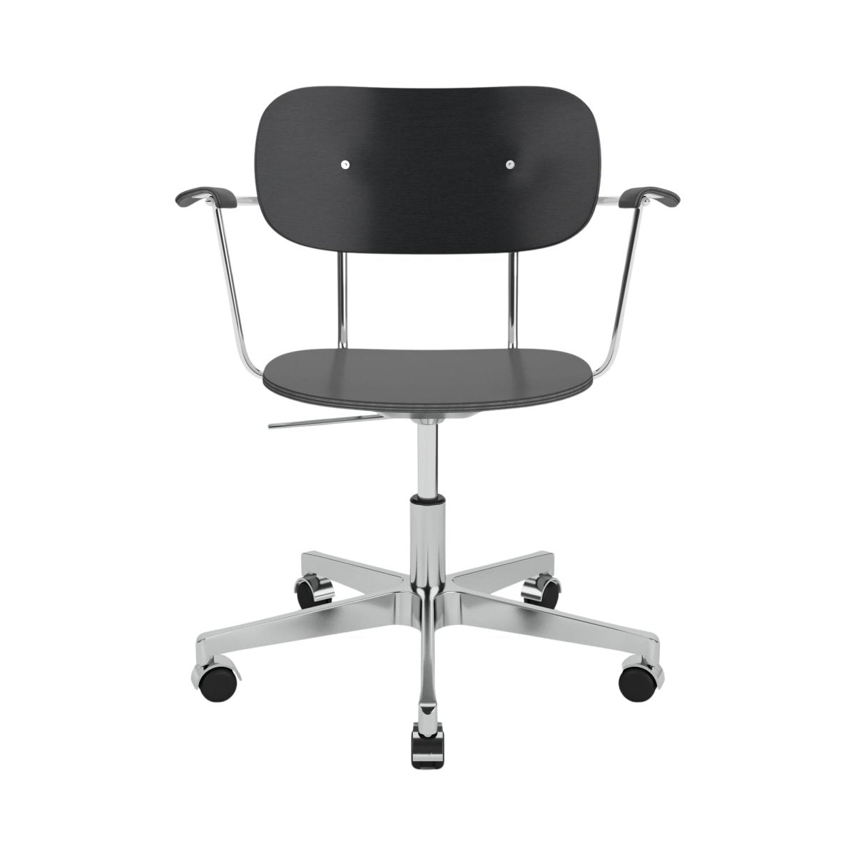 Front view of the non-upholstered Co Task Chair in black oak, with armrests and a polished aluminium base with casters.