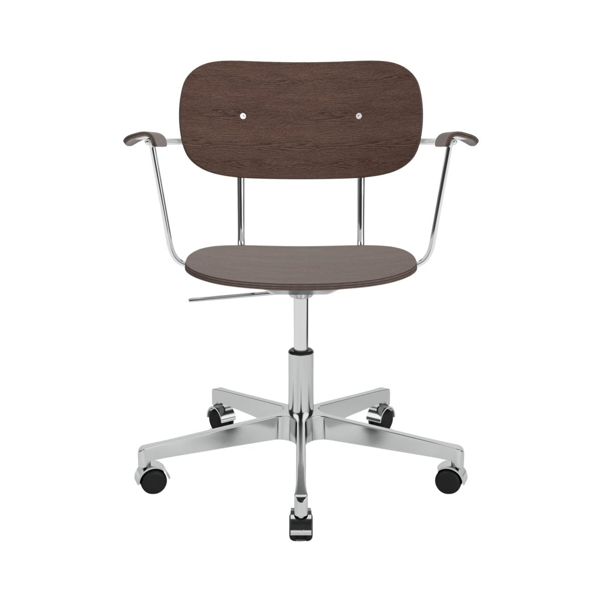 Co Task Chair, Non-Upholstered, in dark stained oak with armrests and a polished aluminium swivel base.