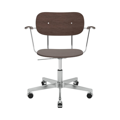 Co Task Chair, Non-Upholstered, in dark stained oak with armrests and a polished aluminium swivel base.
