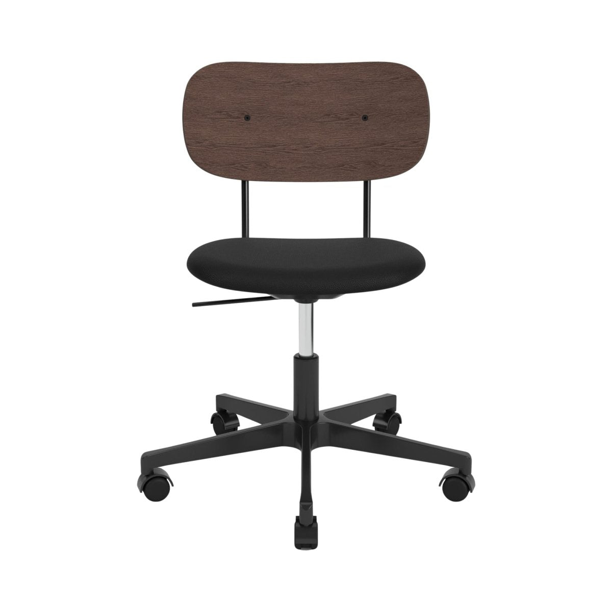 Front view of the Co Task Chair with a dark-stained oak back, black upholstered seat, and black swivel base with castors.