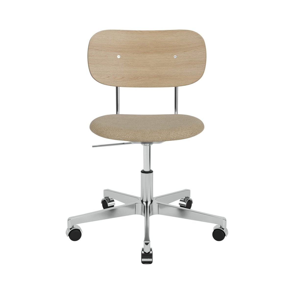 Co Task Chair with an oak veneer backrest and beige upholstered seat on a polished aluminum swivel base with castors.