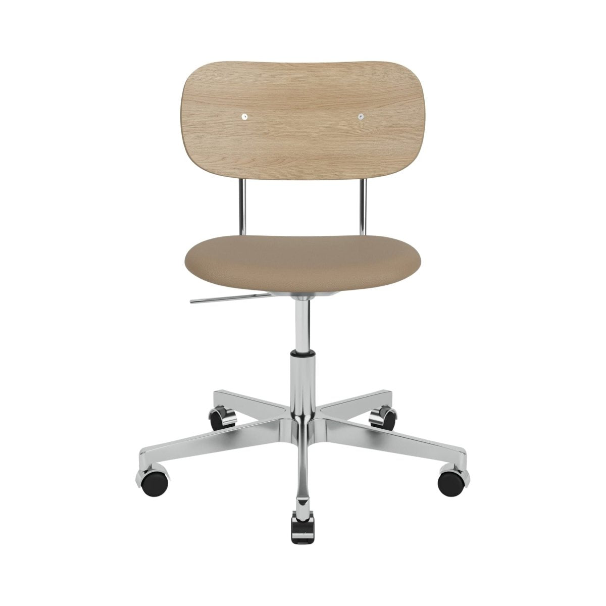 Co Task Chair without arms, featuring a light oak backrest, tan upholstered seat, and polished aluminum swivel base.