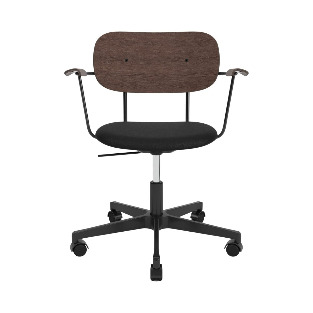 Front view of the Co Task Chair with arms, featuring a dark-stained oak backrest, black upholstered seat, and swivel base.