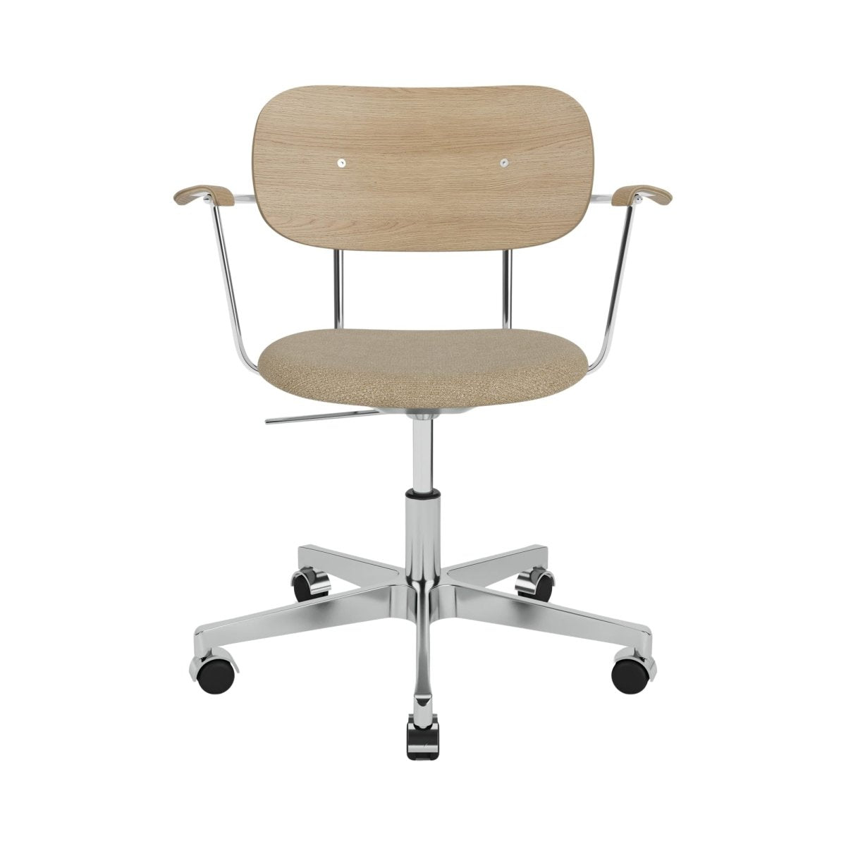 Co Task Chair with arms, featuring a light oak backrest and armrests, a beige upholstered seat, and a chrome swivel base.