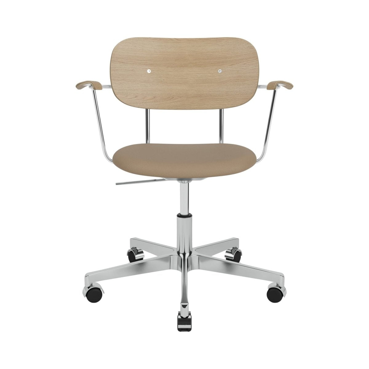 Co Task Chair with a tan upholstered seat, light oak backrest, and a chrome five-star swivel base with casters.
