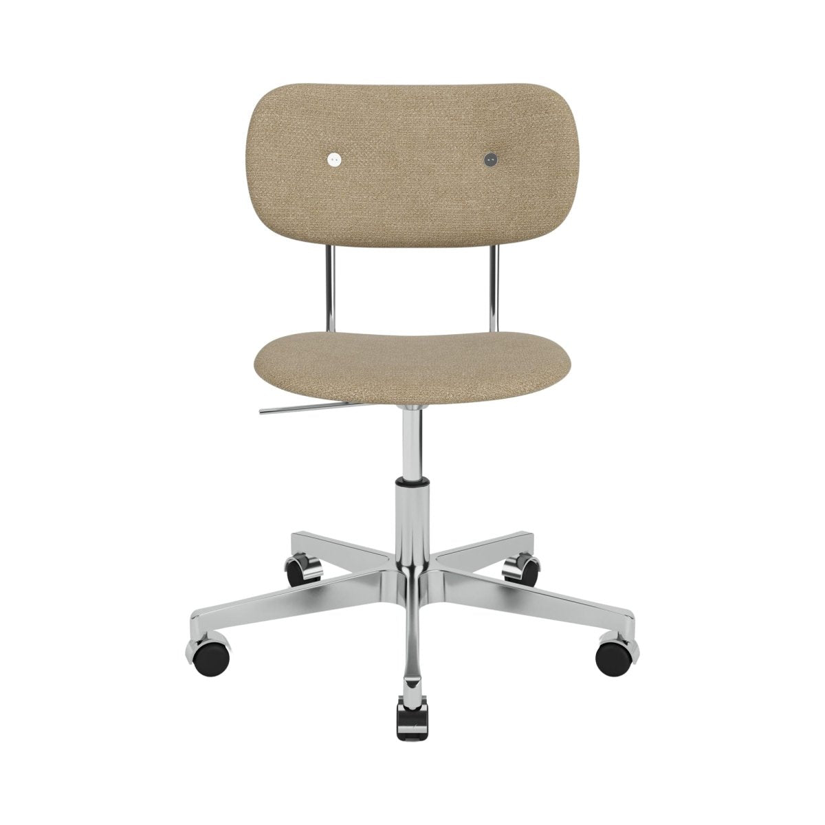 Front view of the Co Task Chair without arms, fully upholstered in beige bouclé with a chrome swivel base and casters.