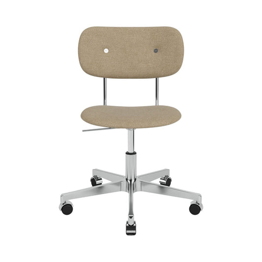 Front view of the Co Task Chair without arms, fully upholstered in beige bouclé with a chrome swivel base and casters.