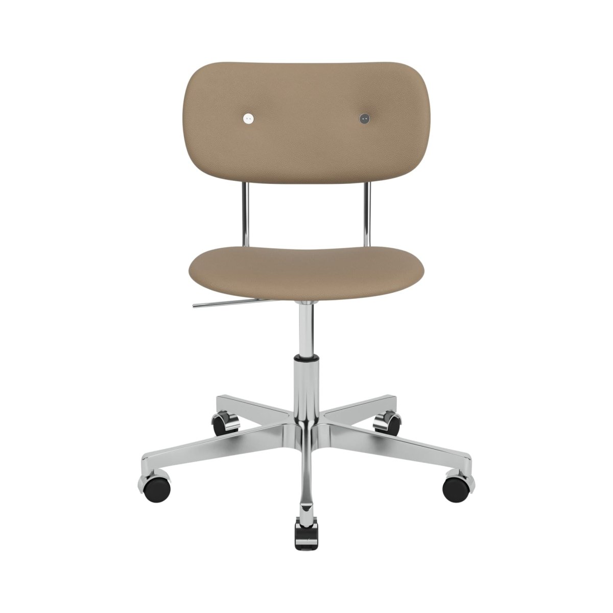 Front view of the armless Co Task Chair, Fully Upholstered in tan leather with a polished chrome swivel base and casters.