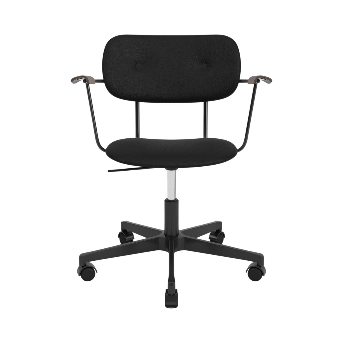 Black upholstered Co Task Chair with armrests and a five-star swivel base on casters, seen from the front.