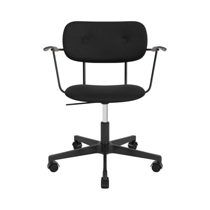 Black upholstered Co Task Chair with armrests and a five-star swivel base on casters, seen from the front.