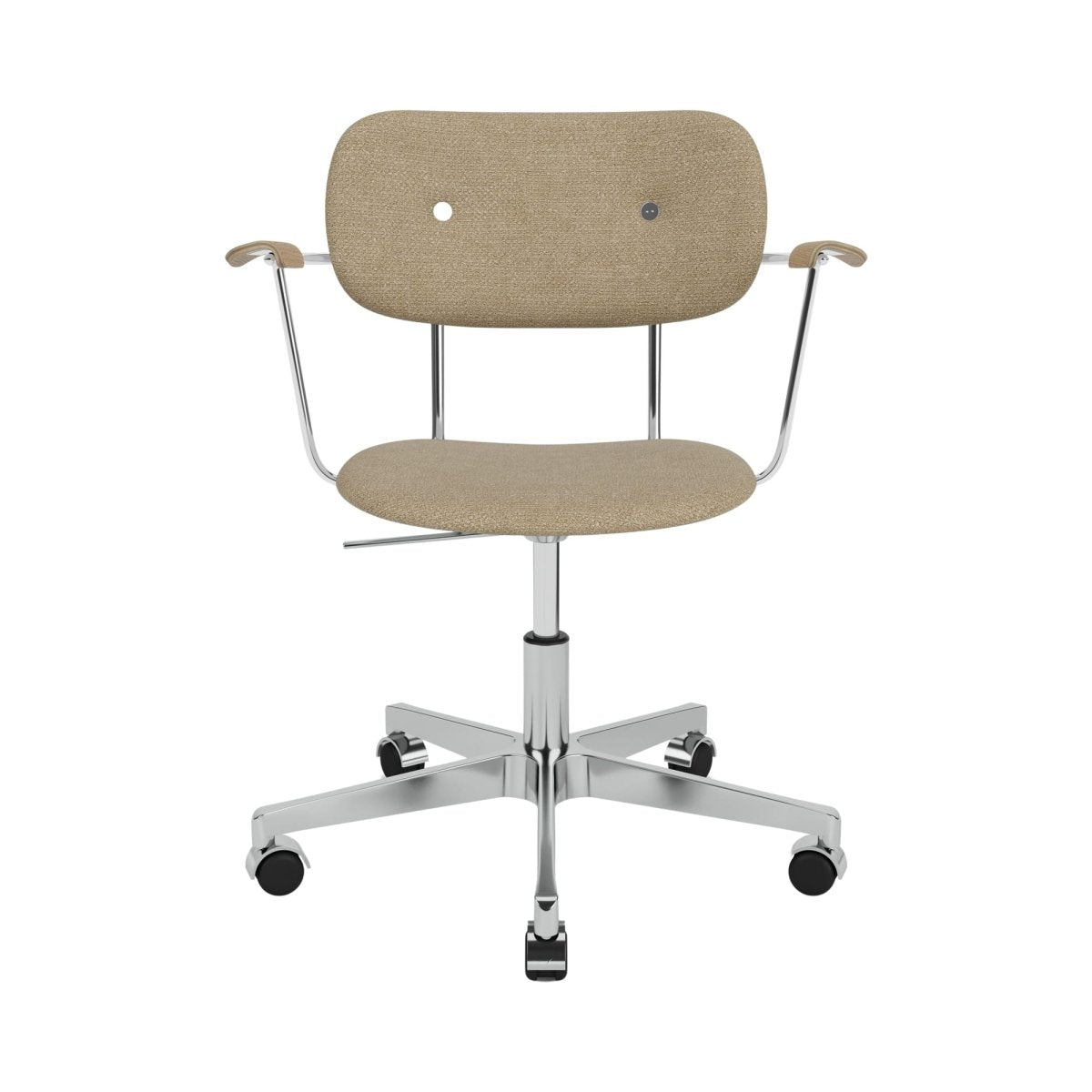 Co Task Chair featuring beige bouclé upholstery, chrome armrests with wood pads, and a five-star swivel base with casters.