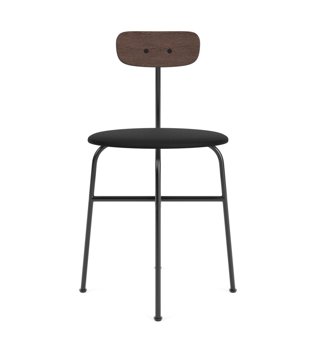 Afteroom Dining Chair with a black Sierra leather seat, dark stained oak backrest, and black powder-coated steel frame.