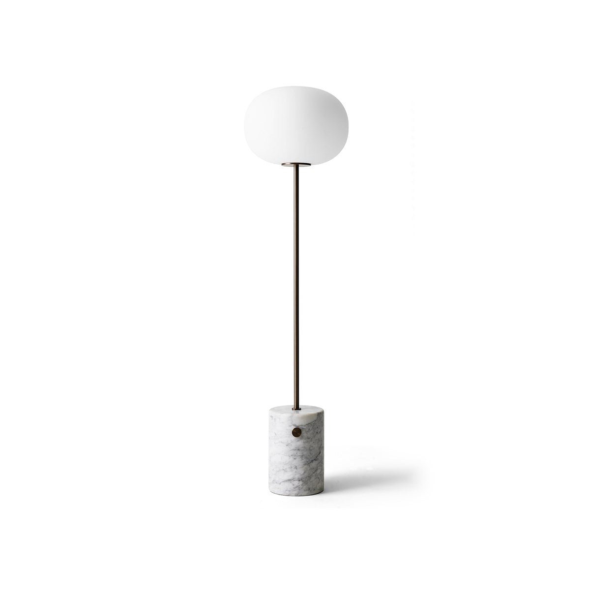 JWDA Floor Lamp featuring a white marble base, slender bronzed brass stem, and elliptical opal glass shade.