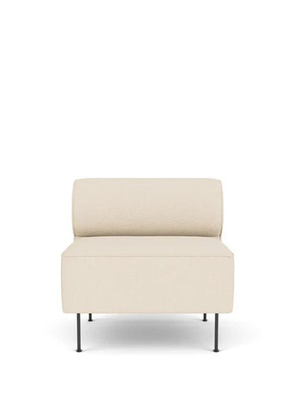Front view of an Eave Dining Sofa module upholstered in light-colored Logan Jasmine fabric, with slim black metal legs.