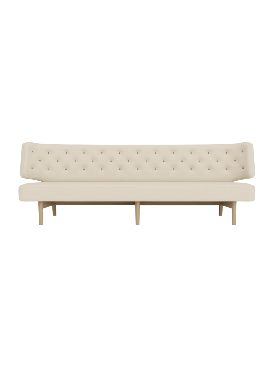 Front view of the Radiohus Sofa, 3-Seater, upholstered in light beige fabric with button tufting on a natural oak base.