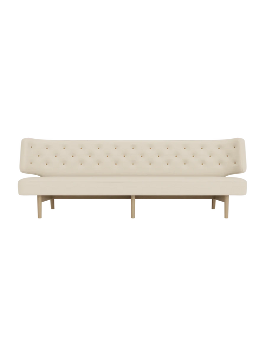 Front view of the Radiohus Sofa, 3-Seater, upholstered in light beige fabric with button tufting on a natural oak base.
