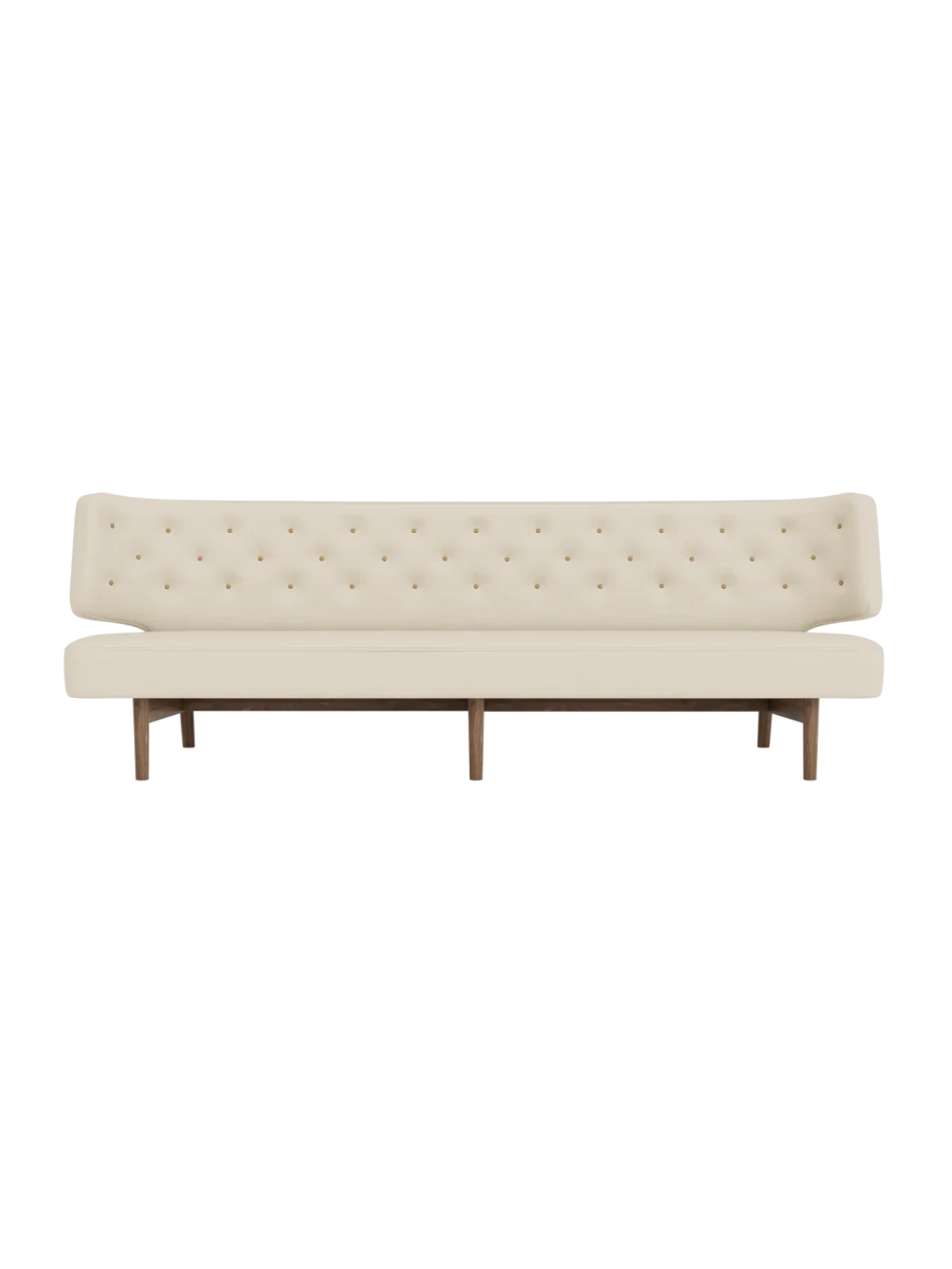 Front view of the Radiohus Sofa, 3-seater, in beige fabric with button tufting and walnut legs.