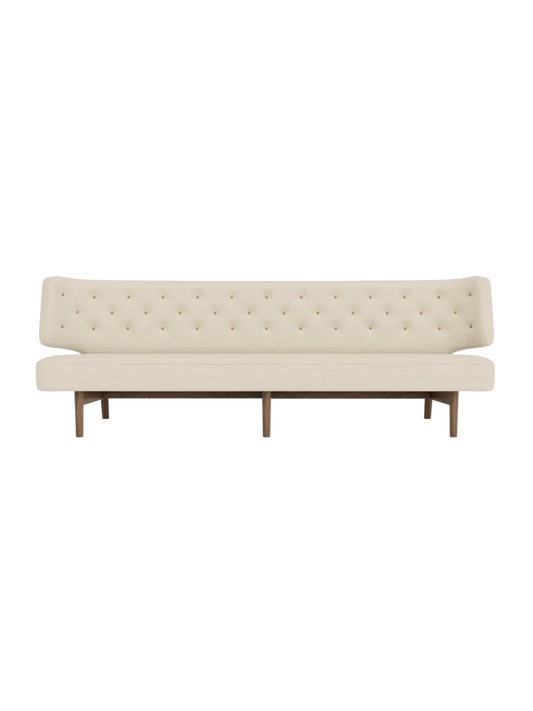 Front view of the Radiohus Sofa, 3-seater, in beige fabric with button tufting and walnut legs.