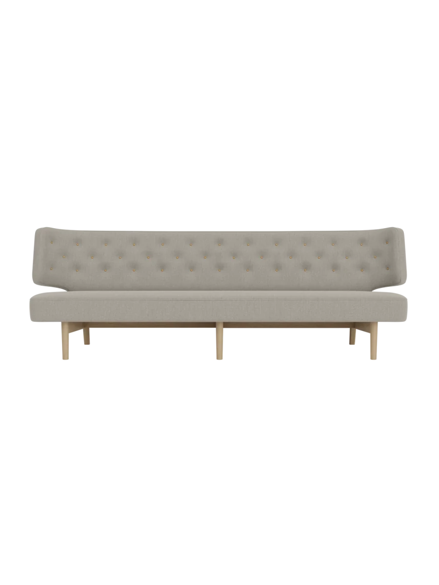 Front view of the Radiohus Sofa P3 3-seater in grey Re-Wool upholstery with tufted buttons and natural oak wooden legs.