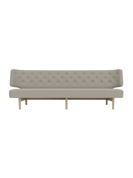Front view of the Radiohus Sofa P3 3-seater in grey Re-Wool upholstery with tufted buttons and natural oak wooden legs.