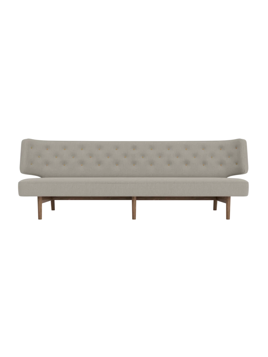 Front view of the Radiohus Sofa, 3-Seater, in grey Re-Wool fabric with button detailing and solid walnut legs.