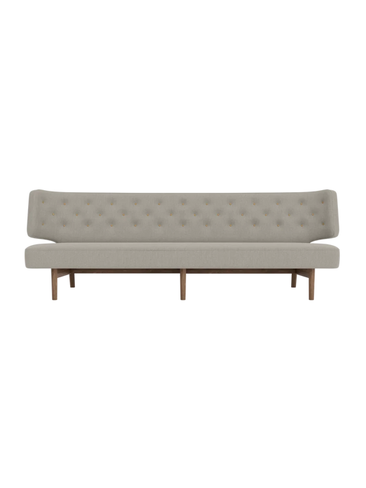 Front view of the Radiohus Sofa, 3-Seater, in grey Re-Wool fabric with button detailing and solid walnut legs.