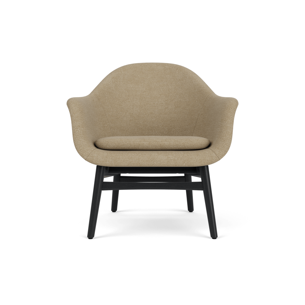 Harbour Lounge Chair seen from the front, upholstered in Audo Bouclé 02 with a black painted oak frame.
