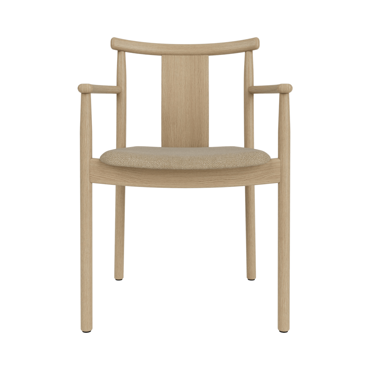 Merkur Dining Chair with Armrests in natural oak and neutral bouclé upholstery, shown from a front-facing perspective.