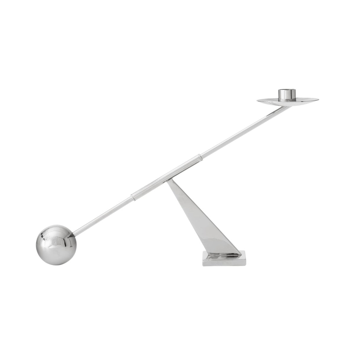 Sculptural Interconnect Candle Holder, Small, in polished steel, shown from the side with its balancing geometric form.