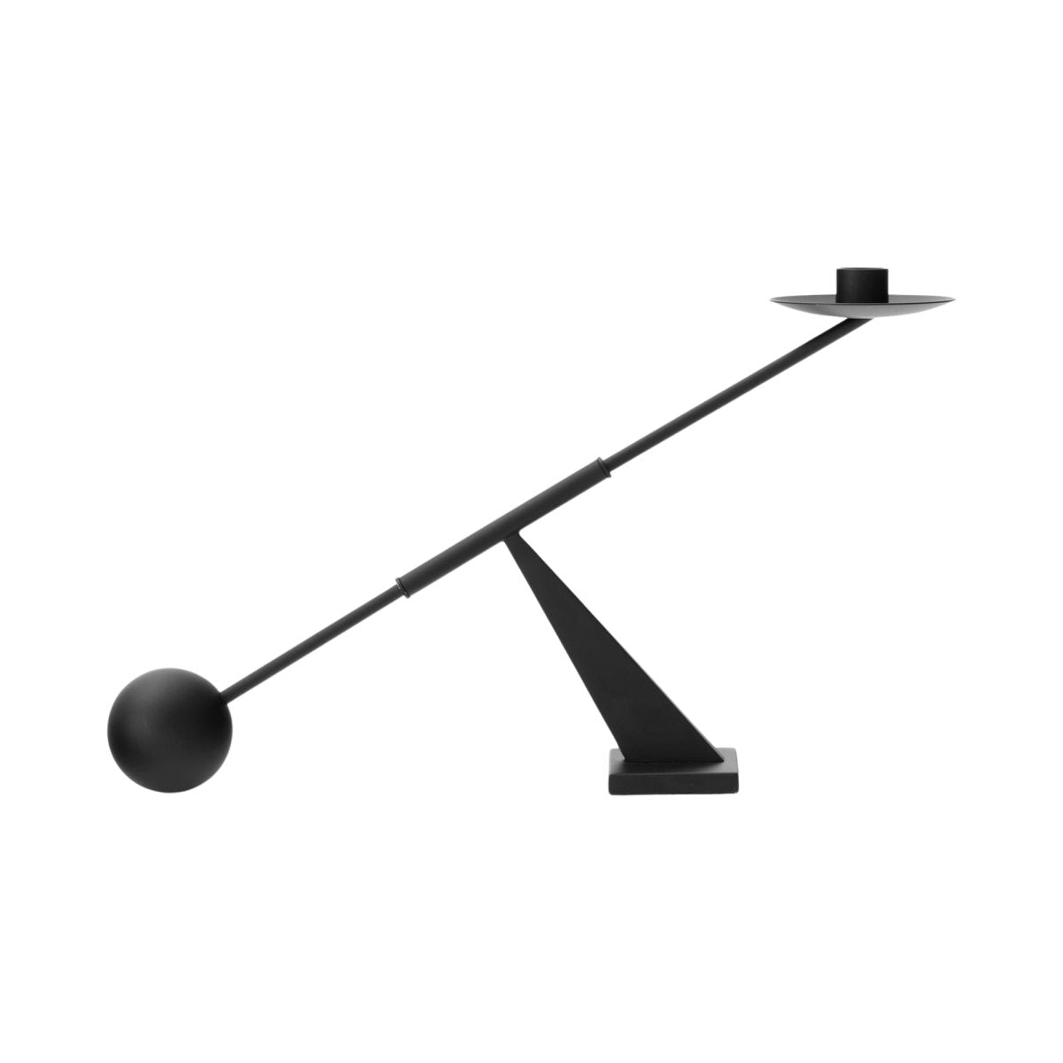 Interconnect Candle Holder, Small, in black powder-coated metal, showing its sculptural balance of geometric shapes.