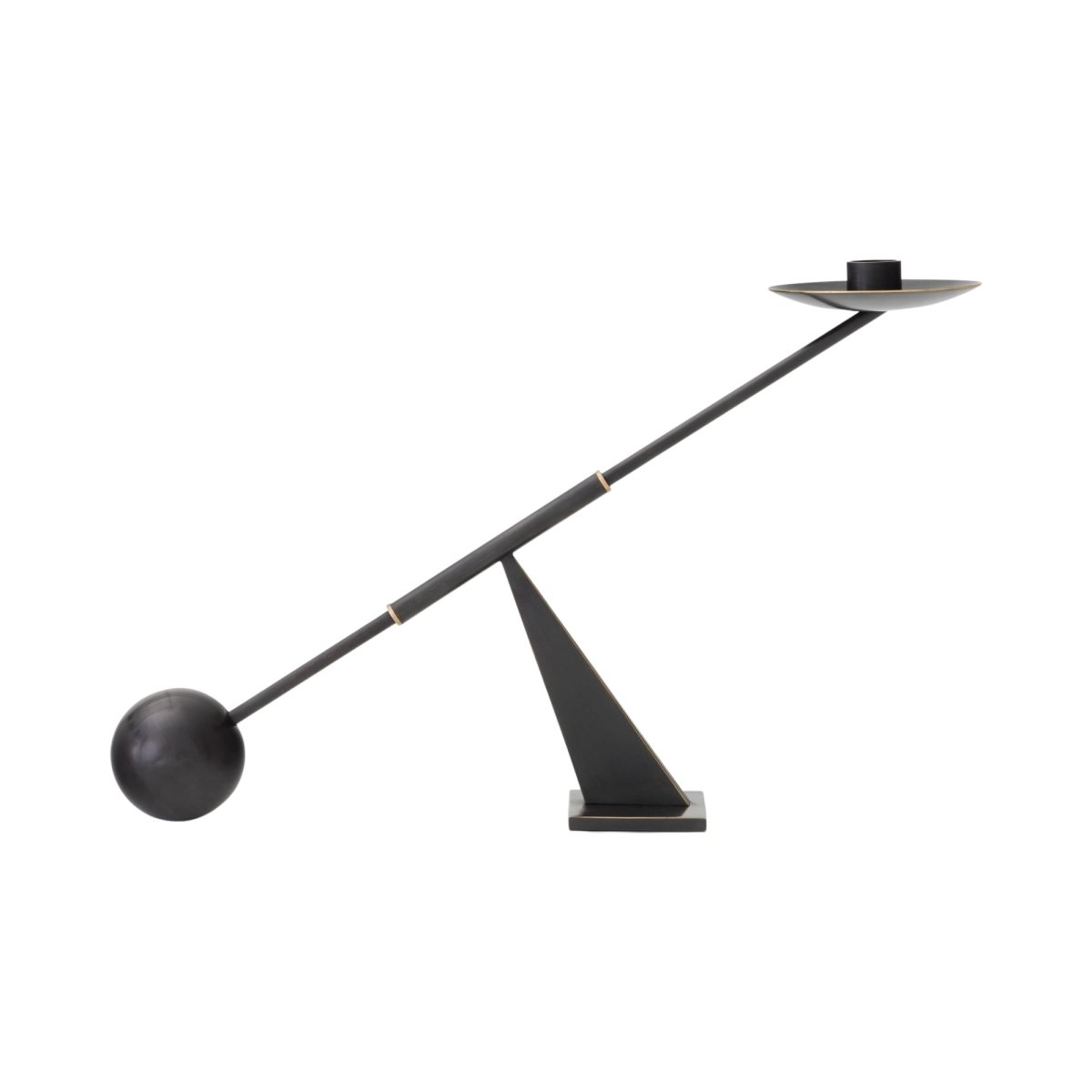 Side profile of the black Interconnect Candle Holder, Small, showing its sculptural geometric form and balancing sphere.