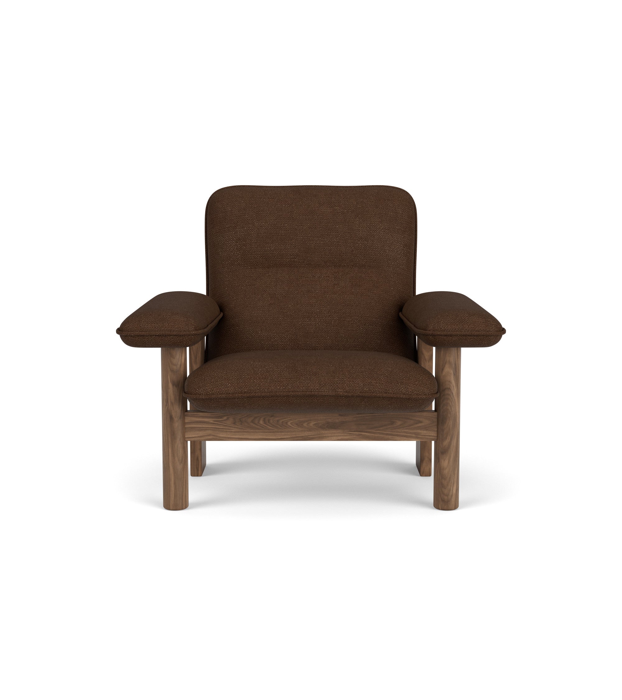 Front view of the Brasilia Lounge Chair with dark brown Audo Bouclé 07 upholstery and a sturdy solid walnut frame.