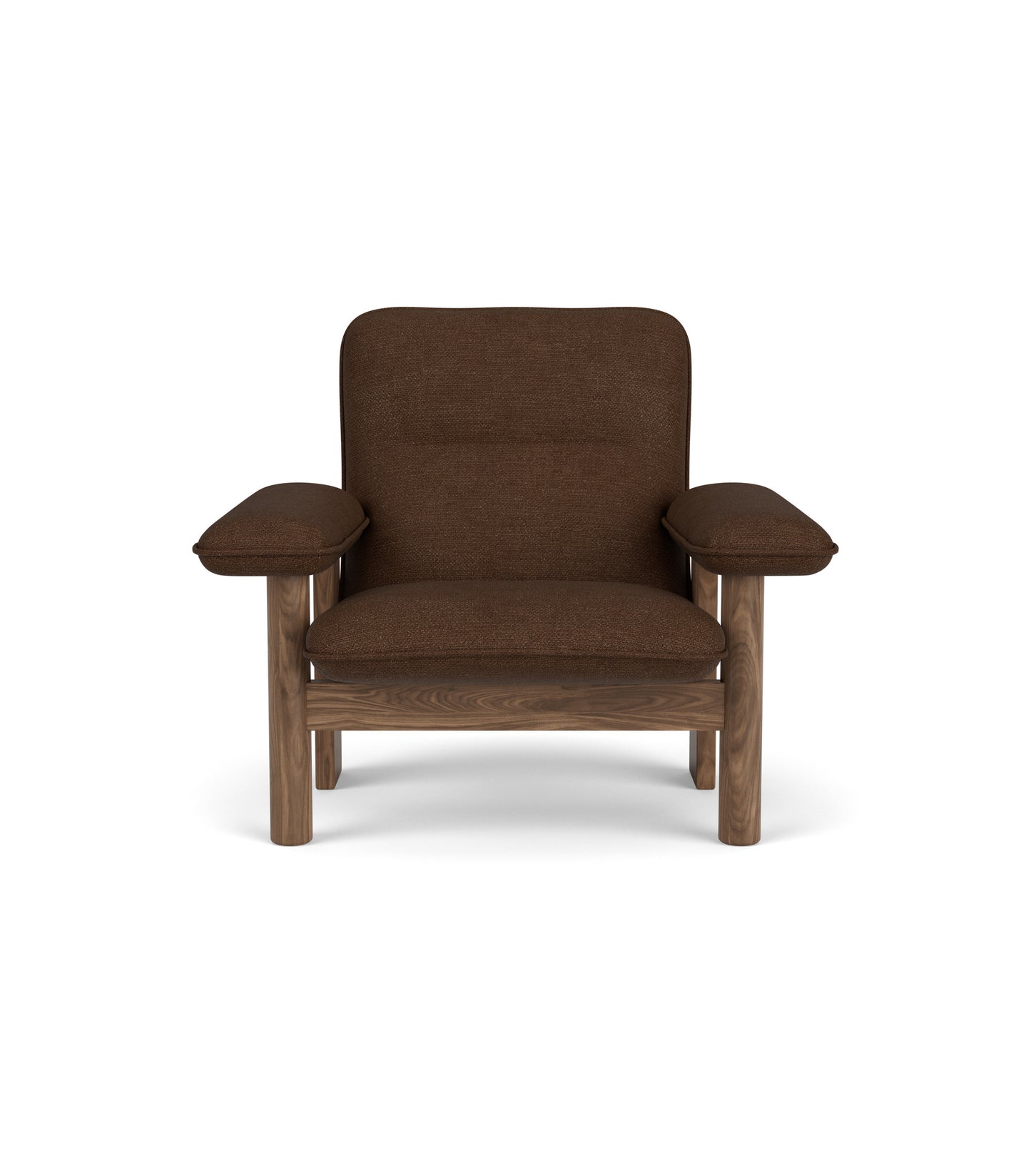 Front view of the Brasilia Lounge Chair with dark brown Audo Bouclé 07 upholstery and a sturdy solid walnut frame.
