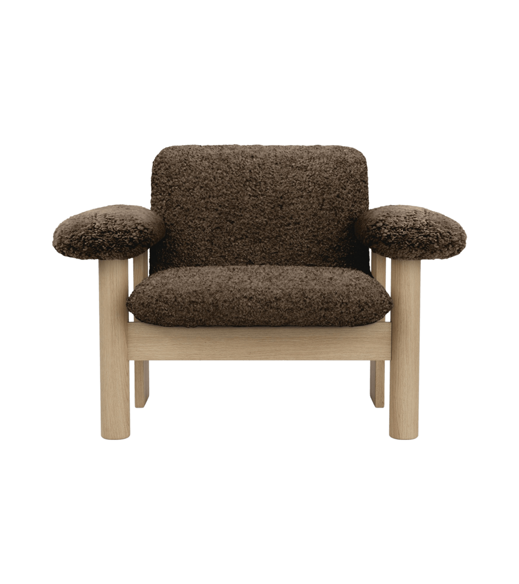 Front view of the Brasilia Lounge Chair, Low Back, upholstered in dark brown sheepskin with a natural oak frame.