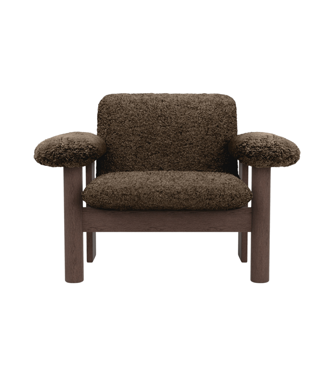 Front view of the Brasilia Lounge Chair, Low Back, upholstered in brown sheepskin with dark-stained wooden armrests and legs.