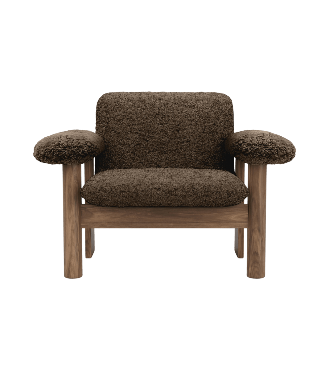 Front view of the Brasilia Lounge Chair, Low Back, upholstered in dark sheepskin with a solid wooden frame.
