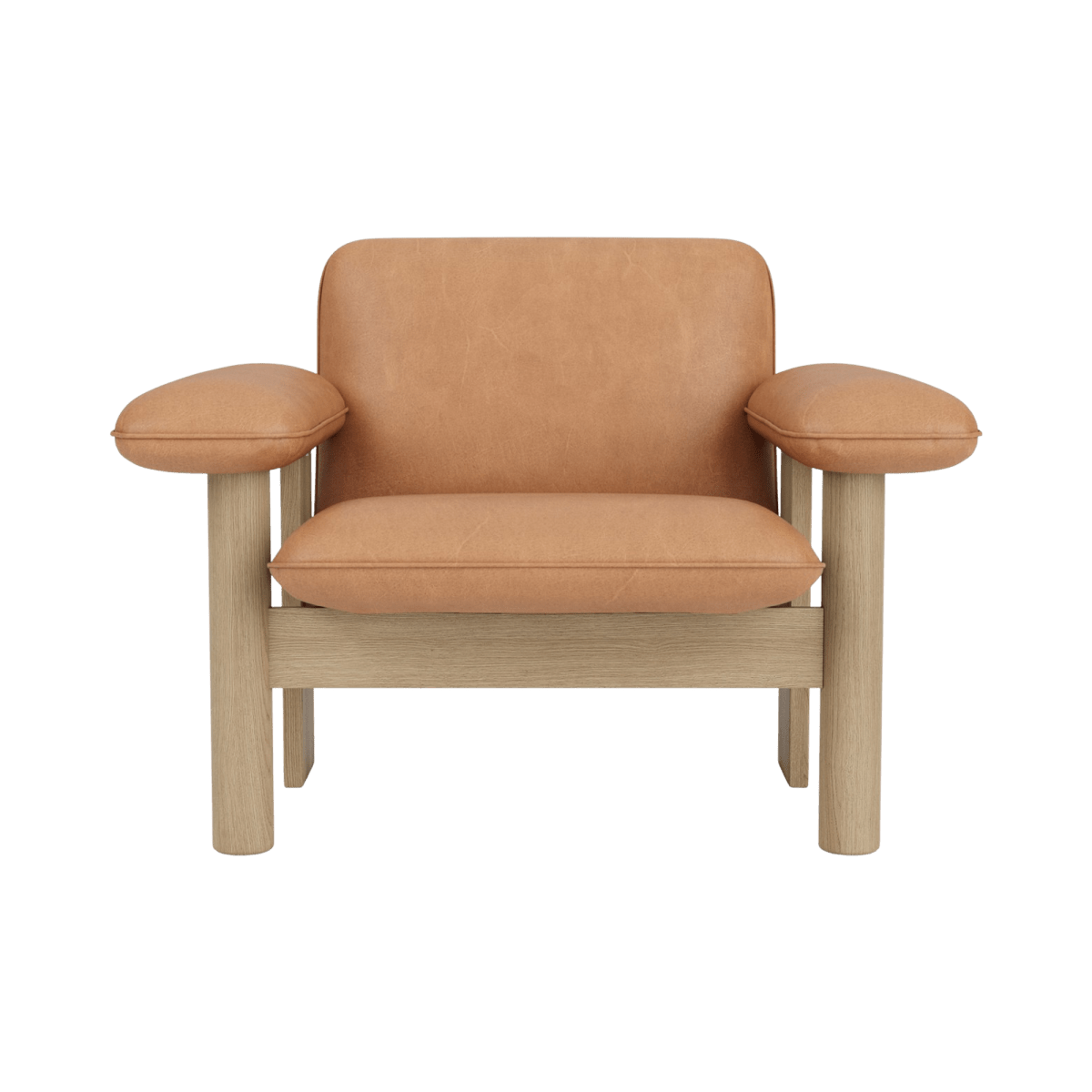 Brasilia Lounge Chair, Low Back, seen from the front with a solid natural oak frame and smooth Dunes Camel upholstery.