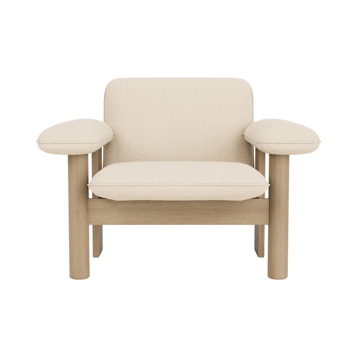 Front view of the Brasilia Lounge Chair, Low Back, featuring a natural oak frame and cream Audo Bouclé textile.