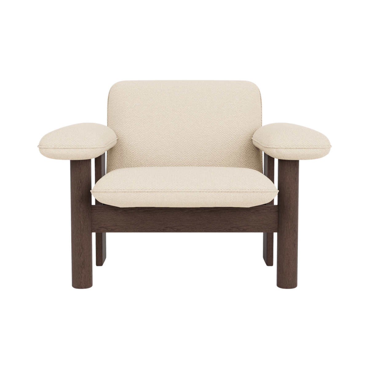 Front view of the Brasilia Lounge Chair, Low Back, with a dark stained oak frame and cream Audo Bouclé textile upholstery.